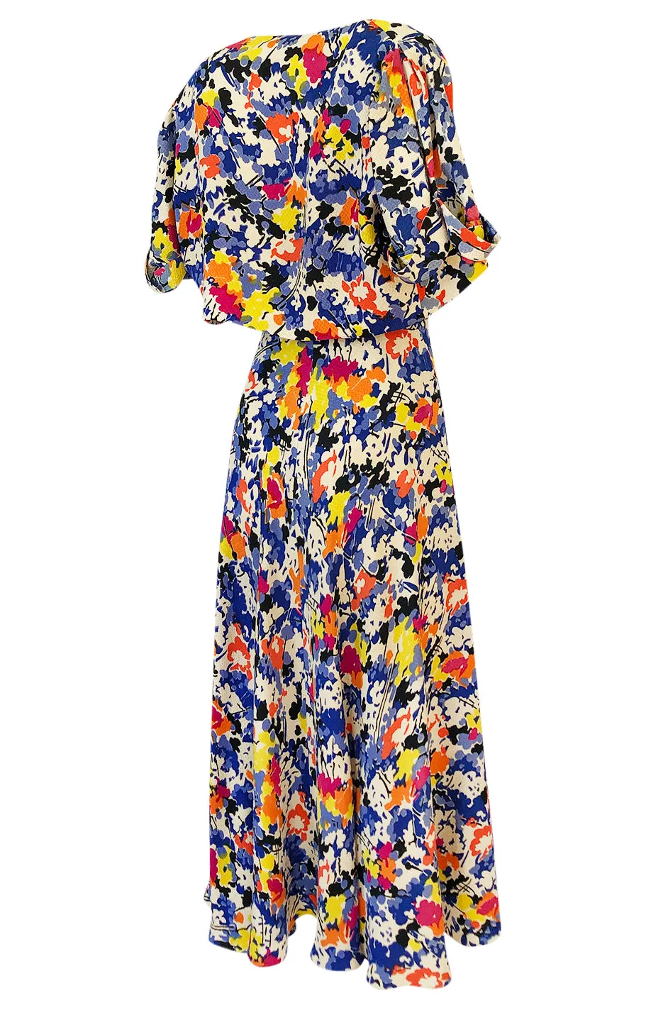 1930s Unlabeled Bias Cut Floral Print Silk Crepe Dress & Crop Jacket