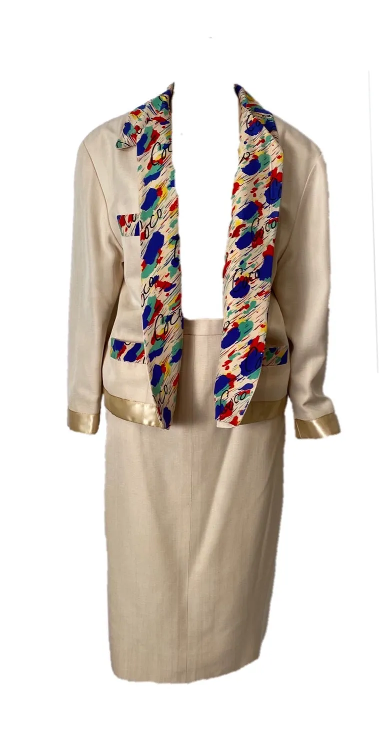 1980 Collection 26 Chanel vintage beige Ecru silk linen skirt suit FR 40