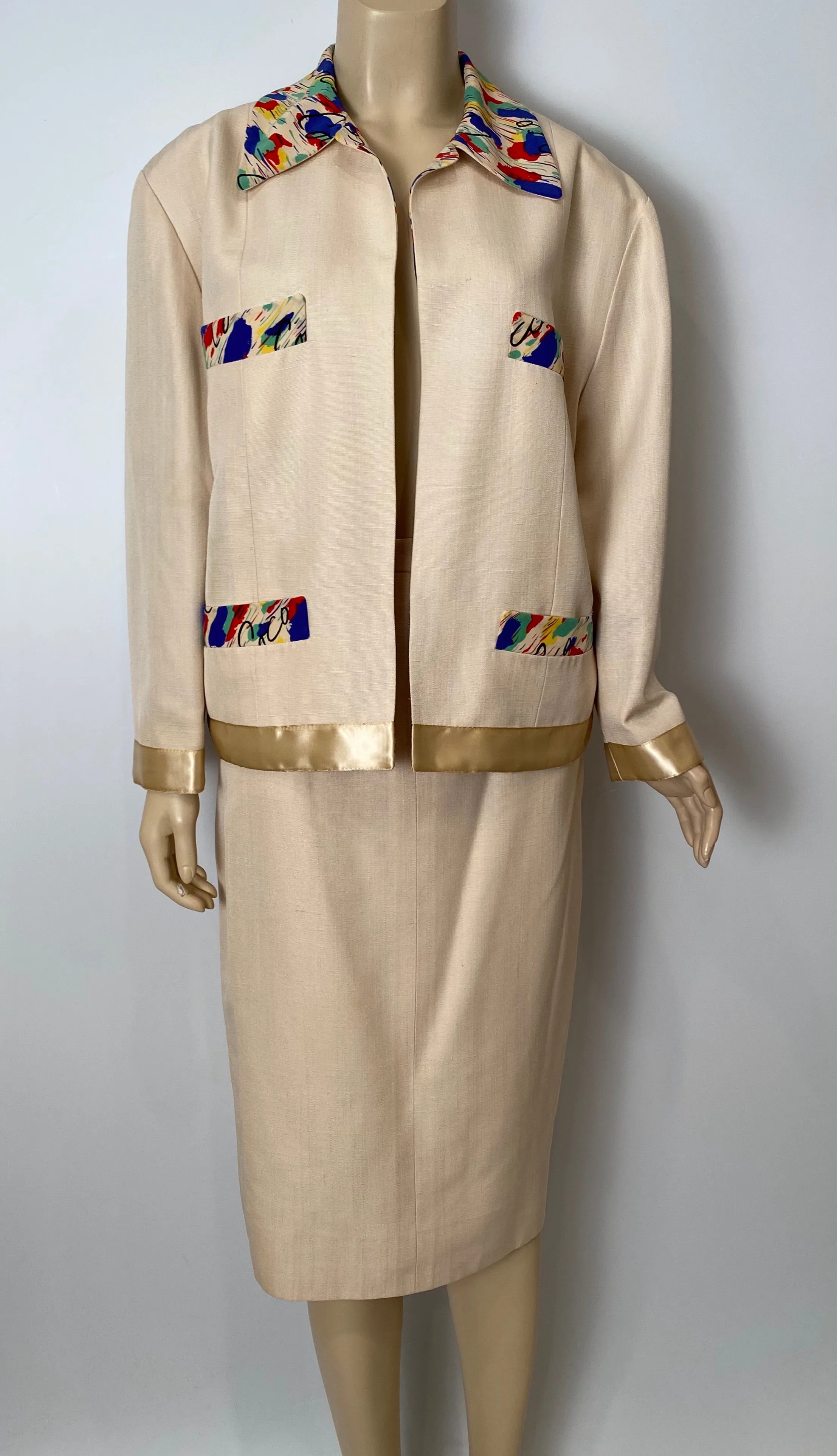 1980 Collection 26 Chanel vintage beige Ecru silk linen skirt suit FR 40