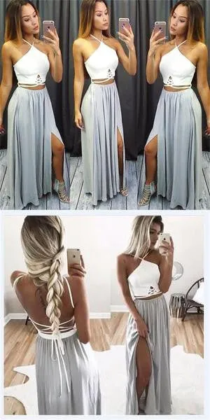 2 Pieces Popular Sexy Side Split Open Back Cheap Beach Long Prom Dresses, WG758