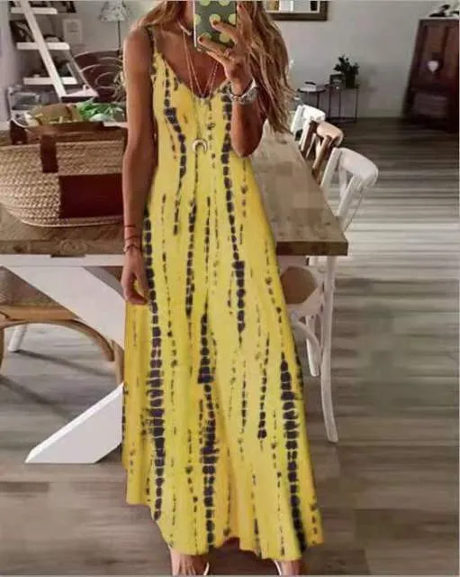 2022 New High Vacation Tie Dye Maxi Dress  5XL Sexy Spaghetti Strap V Neck Long Dresses