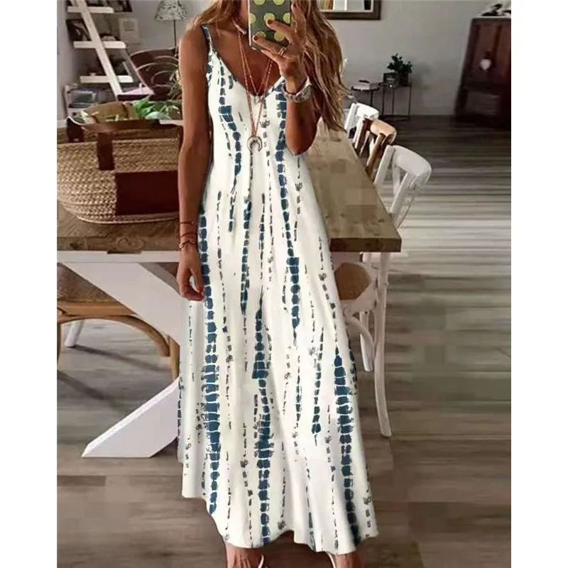 2022 New High Vacation Tie Dye Maxi Dress  5XL Sexy Spaghetti Strap V Neck Long Dresses