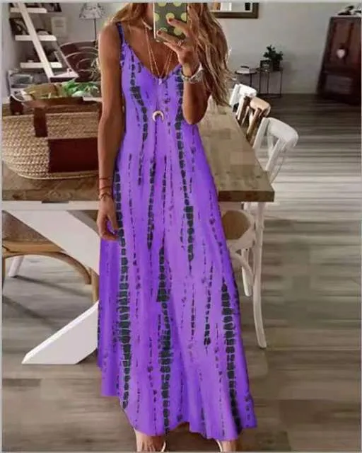 2022 New High Vacation Tie Dye Maxi Dress  5XL Sexy Spaghetti Strap V Neck Long Dresses