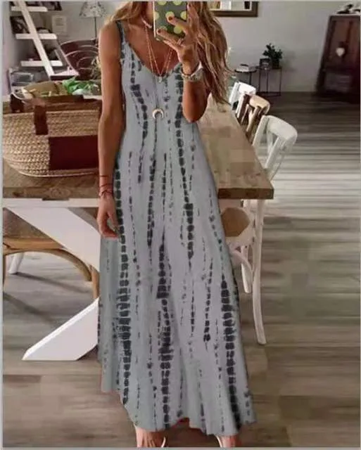 2022 New High Vacation Tie Dye Maxi Dress  5XL Sexy Spaghetti Strap V Neck Long Dresses