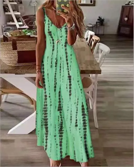 2022 New High Vacation Tie Dye Maxi Dress  5XL Sexy Spaghetti Strap V Neck Long Dresses