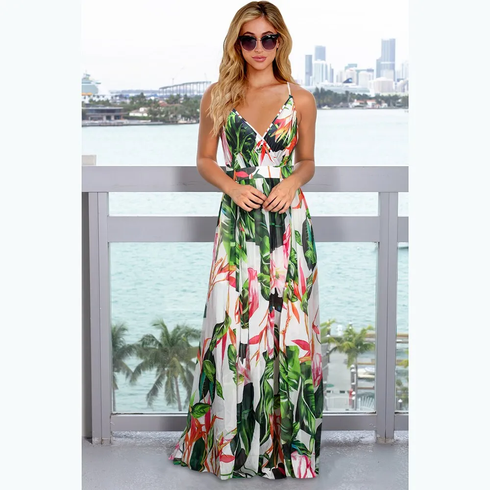 2023 Maxi Tropical Boho Floral Print Evening Party Beach Long Maxi Straps Dresses