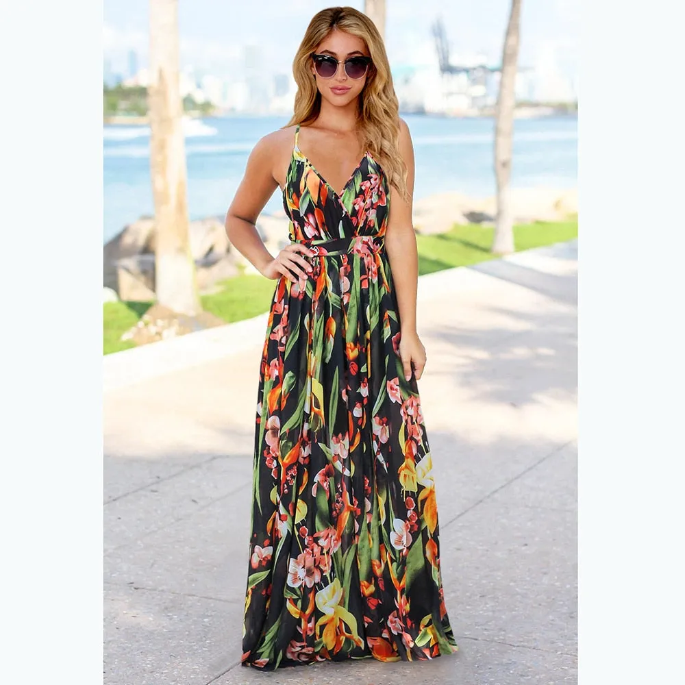 2023 Maxi Tropical Boho Floral Print Evening Party Beach Long Maxi Straps Dresses