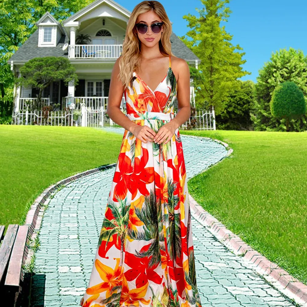 2023 Maxi Tropical Boho Floral Print Evening Party Beach Long Maxi Straps Dresses