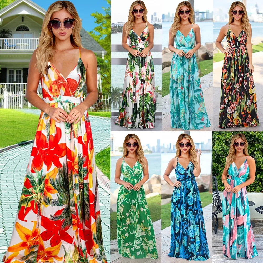 2023 Maxi Tropical Boho Floral Print Evening Party Beach Long Maxi Straps Dresses