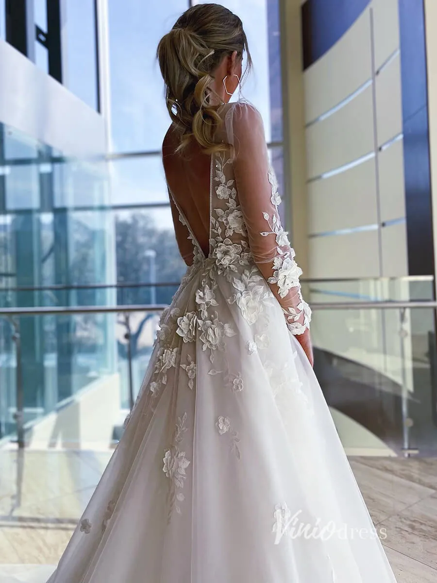 3D Flower Modern Wedding Dresses Backless Long Sleeve Wedding Gown VW2116