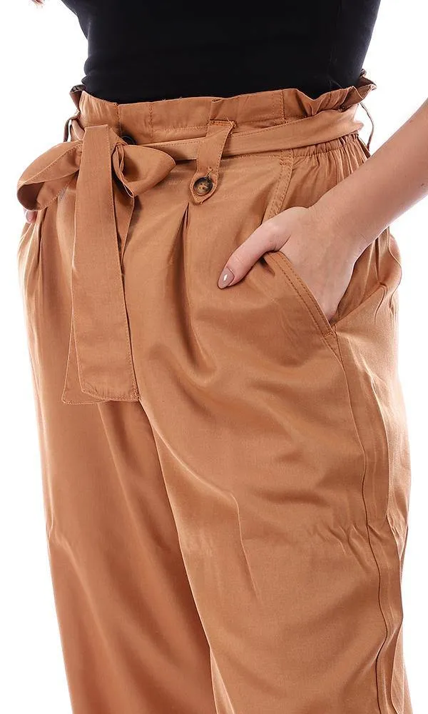 94833 Relaxed Fit Solid Camel Pants with Belt