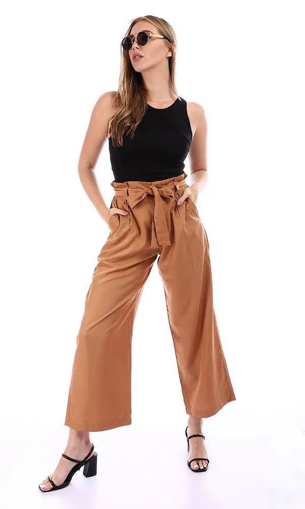 94833 Relaxed Fit Solid Camel Pants with Belt