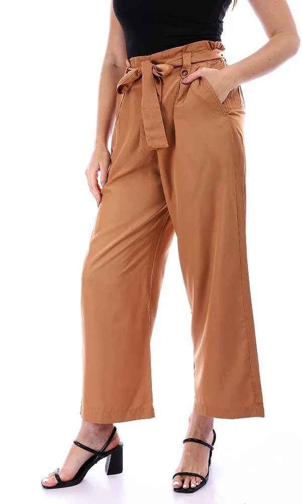 94833 Relaxed Fit Solid Camel Pants with Belt