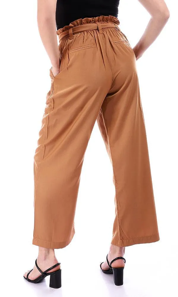 94833 Relaxed Fit Solid Camel Pants with Belt