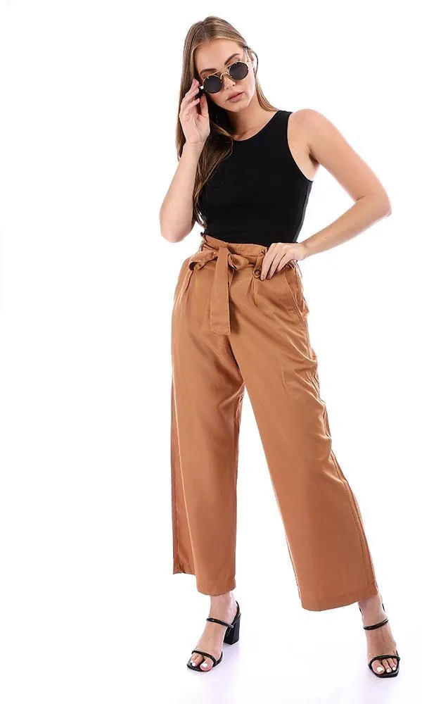 94833 Relaxed Fit Solid Camel Pants with Belt