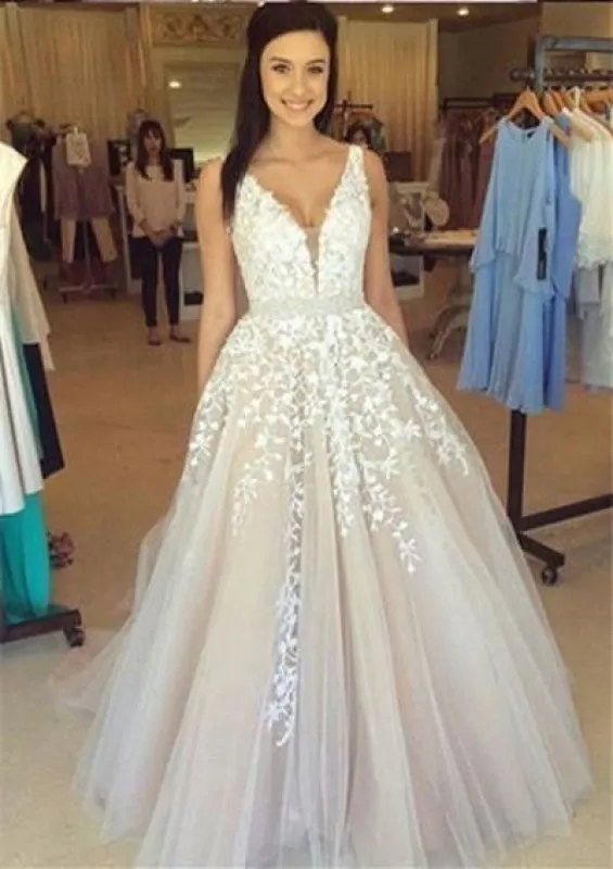 A Line Applique Tulle Prom Long V Neck Sleeveless Party Dress with Beading