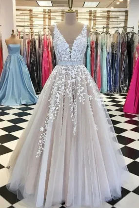 A Line Applique Tulle Prom Long V Neck Sleeveless Party Dress with Beading