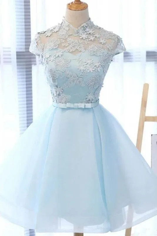 A Line High Neck Cap Sleeves Organza Homecoming Dresses with Bowknot