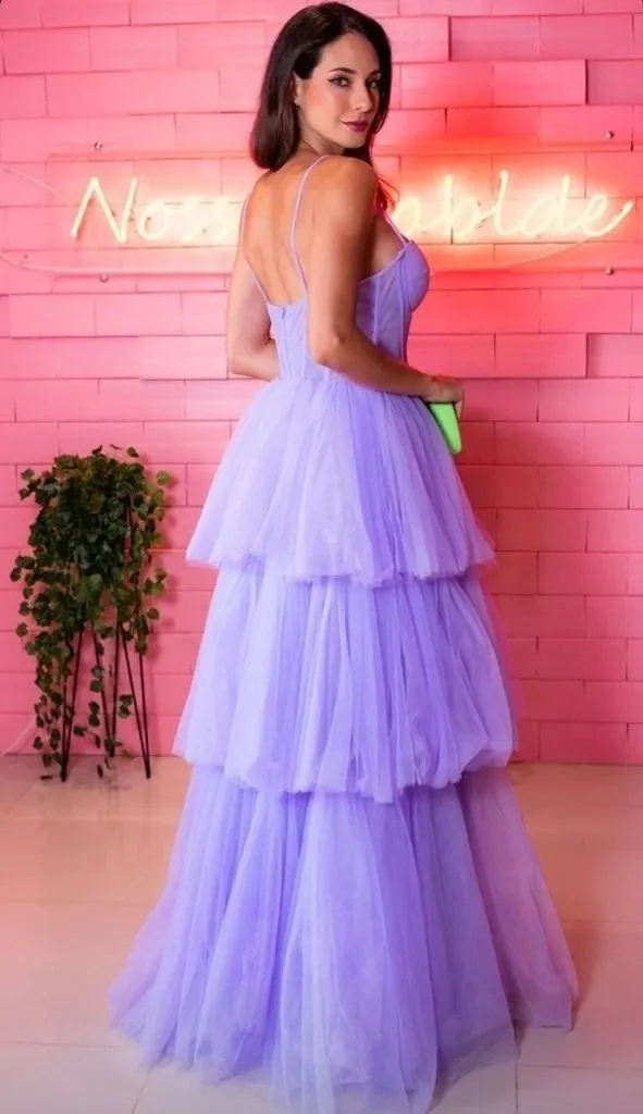 A-line Lavender Tulle Tiered Prom Dress Long with Layers Y5356