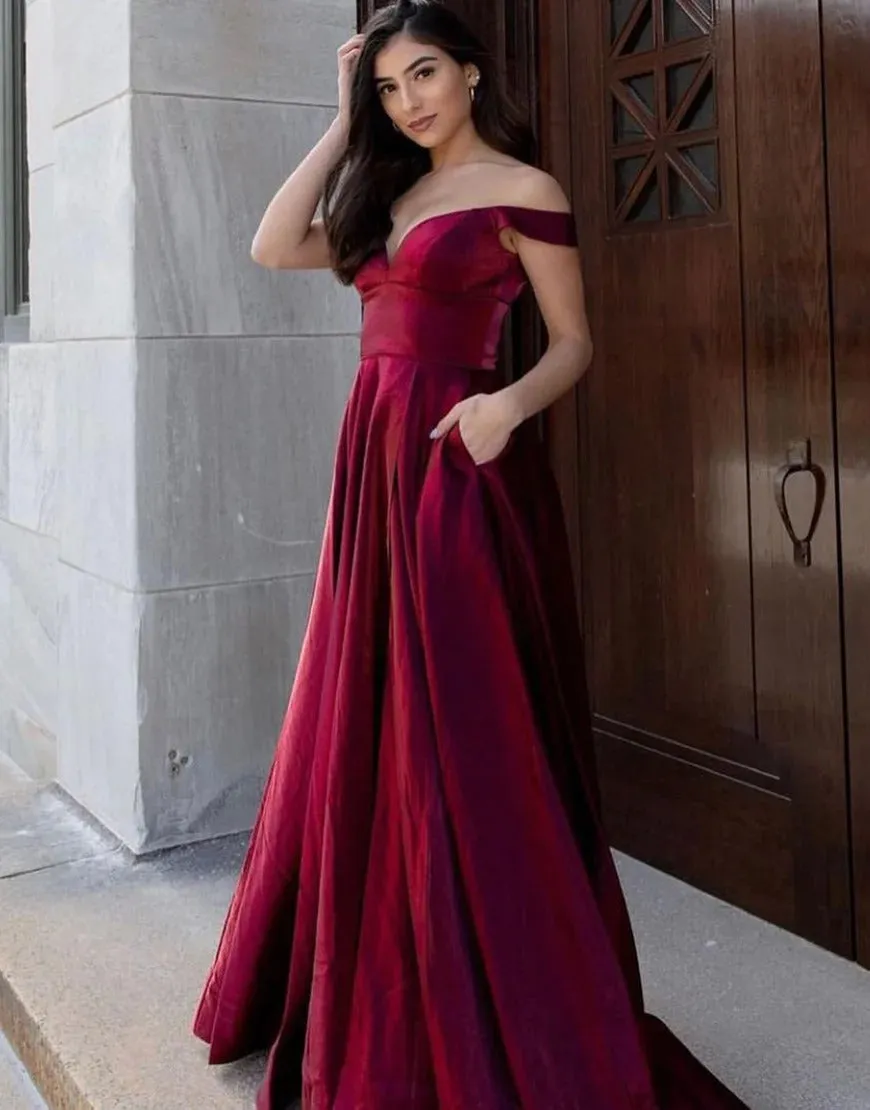 A-Line Long Off the Shoulder Burgundy Prom Dresses,Evening Dresses,BD930660