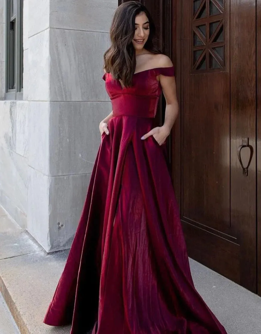 A-Line Long Off the Shoulder Burgundy Prom Dresses,Evening Dresses,BD930660