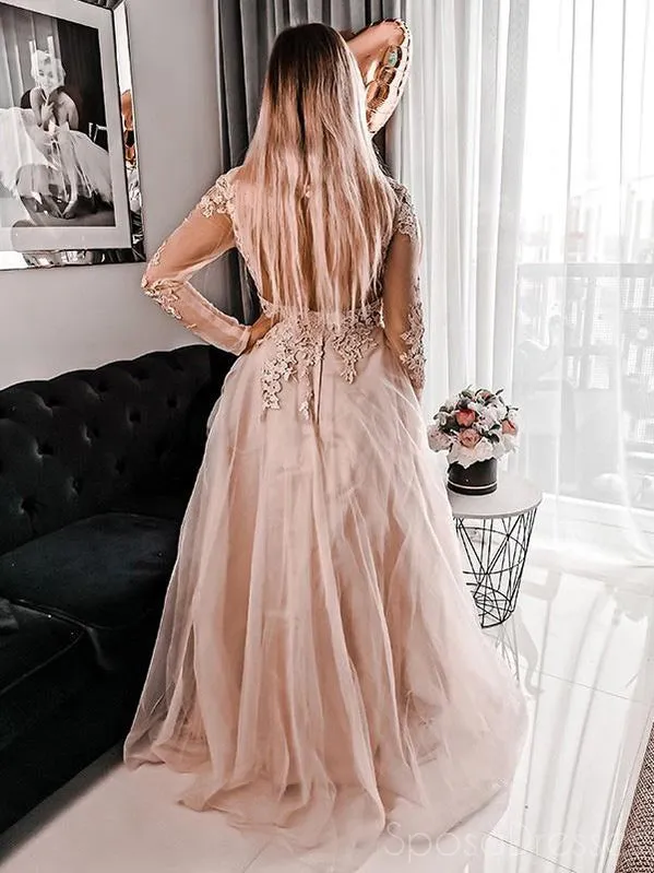 A-line Long Sleeves Applique Long Prom Dresses, Sweet 16 Prom Dresses, 12514