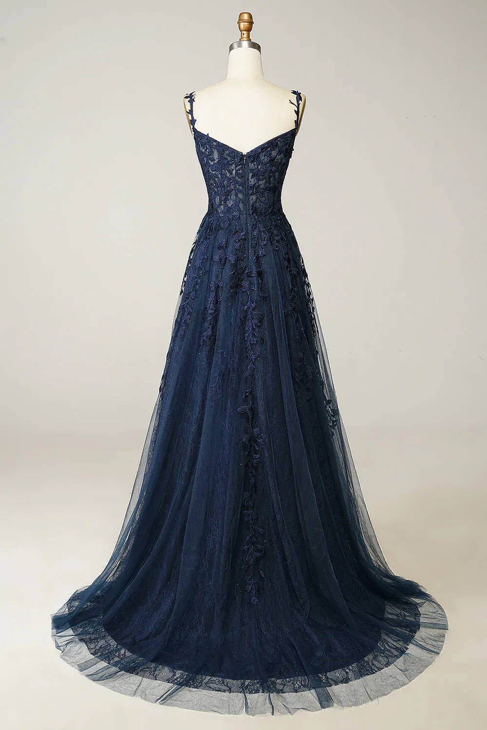 A-line Navy Blue Prom Dress Lace Tulle Evening Dress Y382