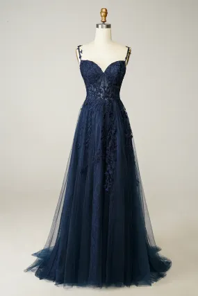 A-line Navy Blue Prom Dress Lace Tulle Evening Dress Y382