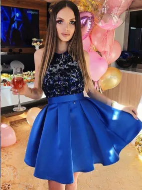 A-Line Sequined Royal Blue Satin Homecoming Dress,Short Prom Dresses,BDY0341