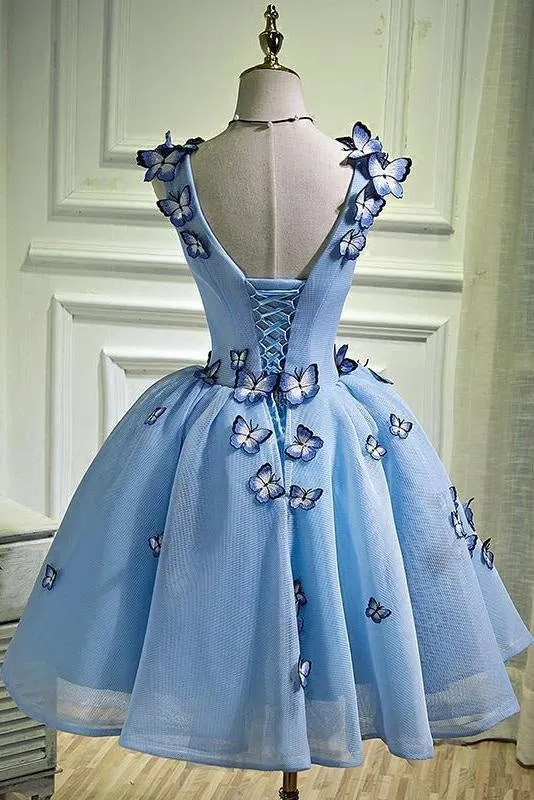 A Line Sky Blue V Neck Sleeveless Junior Homecoming Dress with Butterfly Flowers