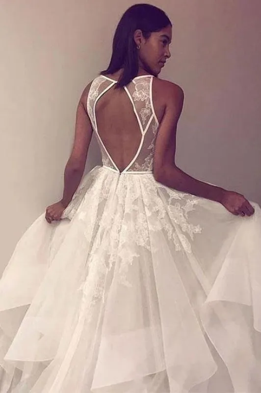 A Line Sleeveless Tulle Lace Appliques Cheap Beach Wedding Dress