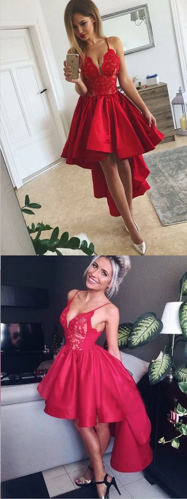 A-Line Spaghetti Straps Asymmetric Red Satin Homecoming Dress With Lace,Short Prom Dresses,BDY0327