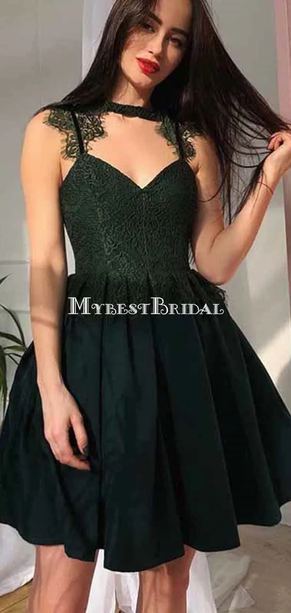 A-line Spaghetti Straps Dark Green Lace Homecoming ,Short Prom Dresses,BDY0345