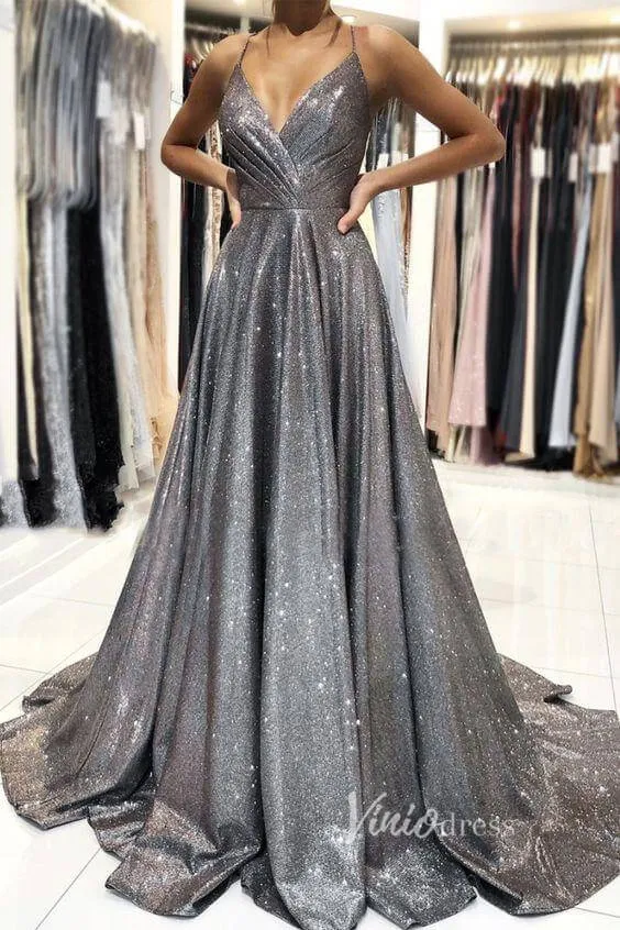 A-line Sparkly Grey Prom Dresses Spaghetti Strap V-neck FD1780C