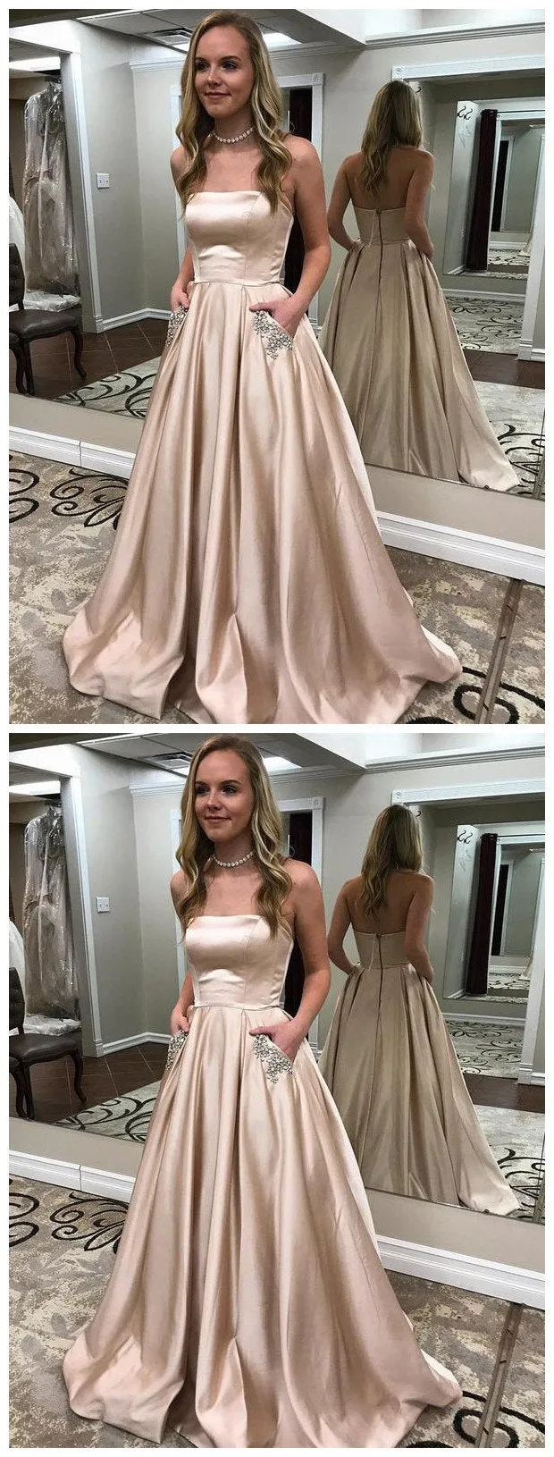 A-line Strapless Long Gold Prom Dresses with Pocket ,Cheap Prom Dresses,PDY0423