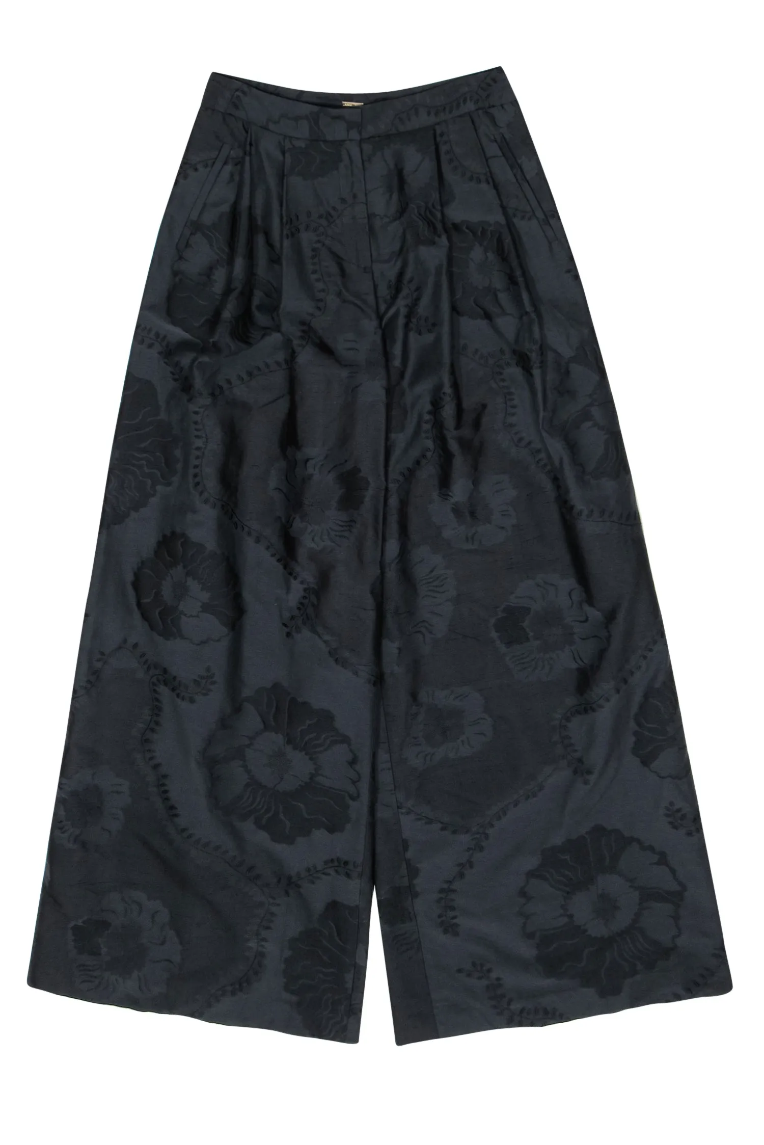 Adam Lippes - Black Floral Embroidered Wide Leg Pleated Trousers Sz 6