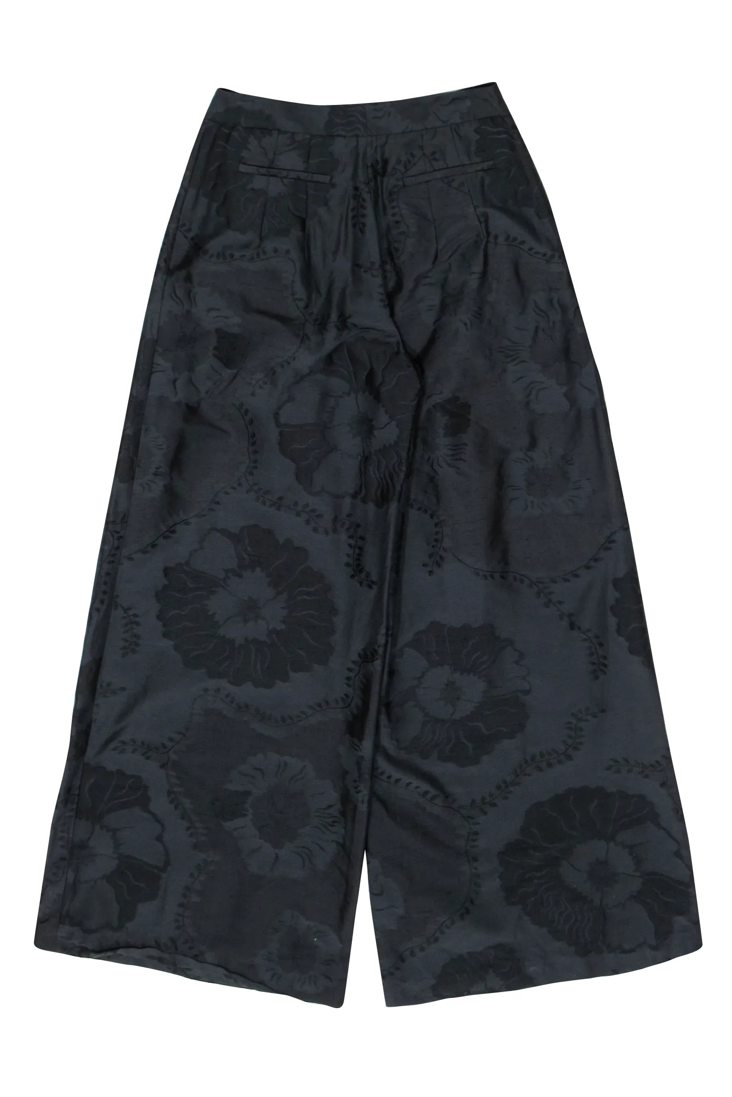 Adam Lippes - Black Floral Embroidered Wide Leg Pleated Trousers Sz 6