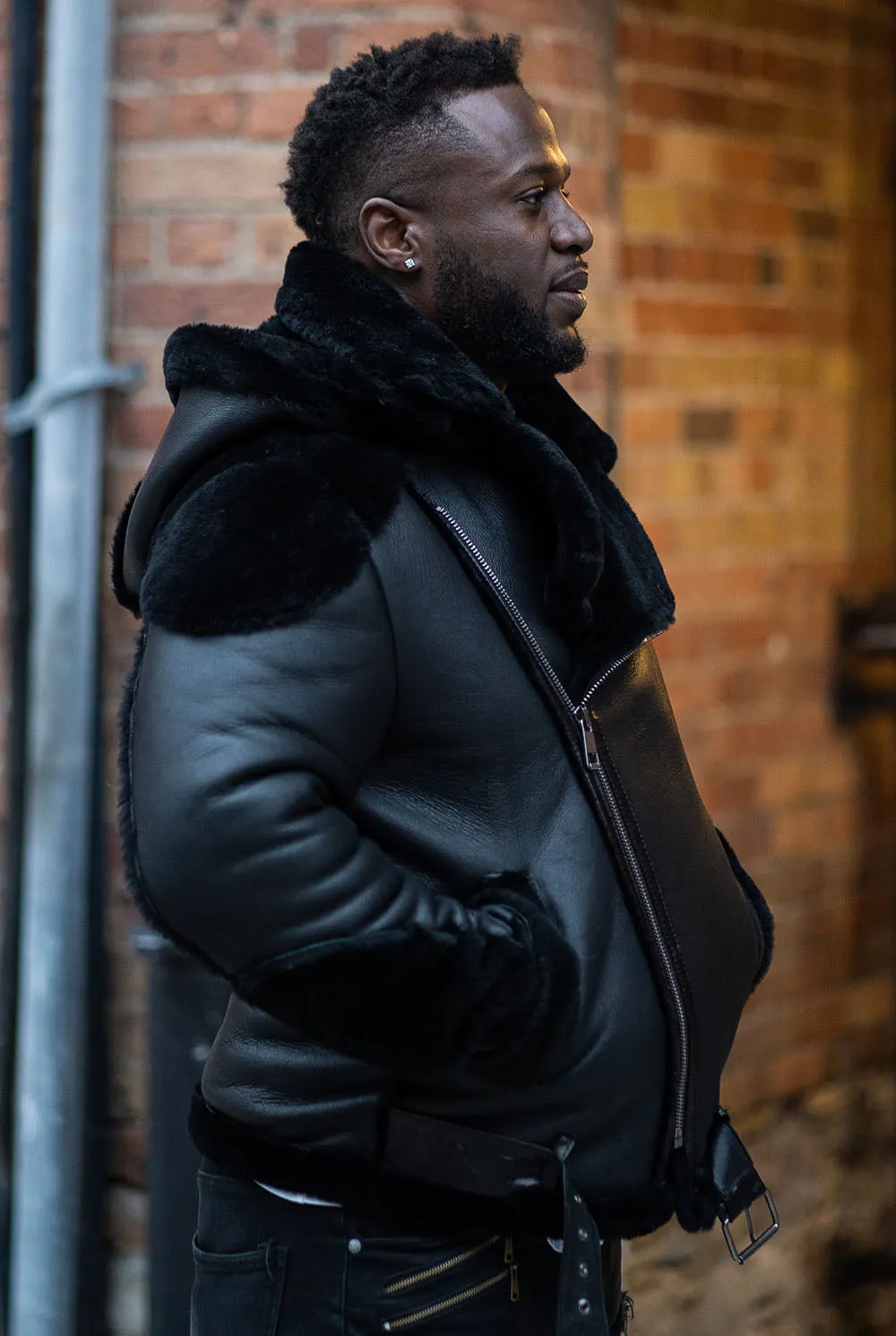 Alek's Black Biker Shearling Jacket with Fur Details