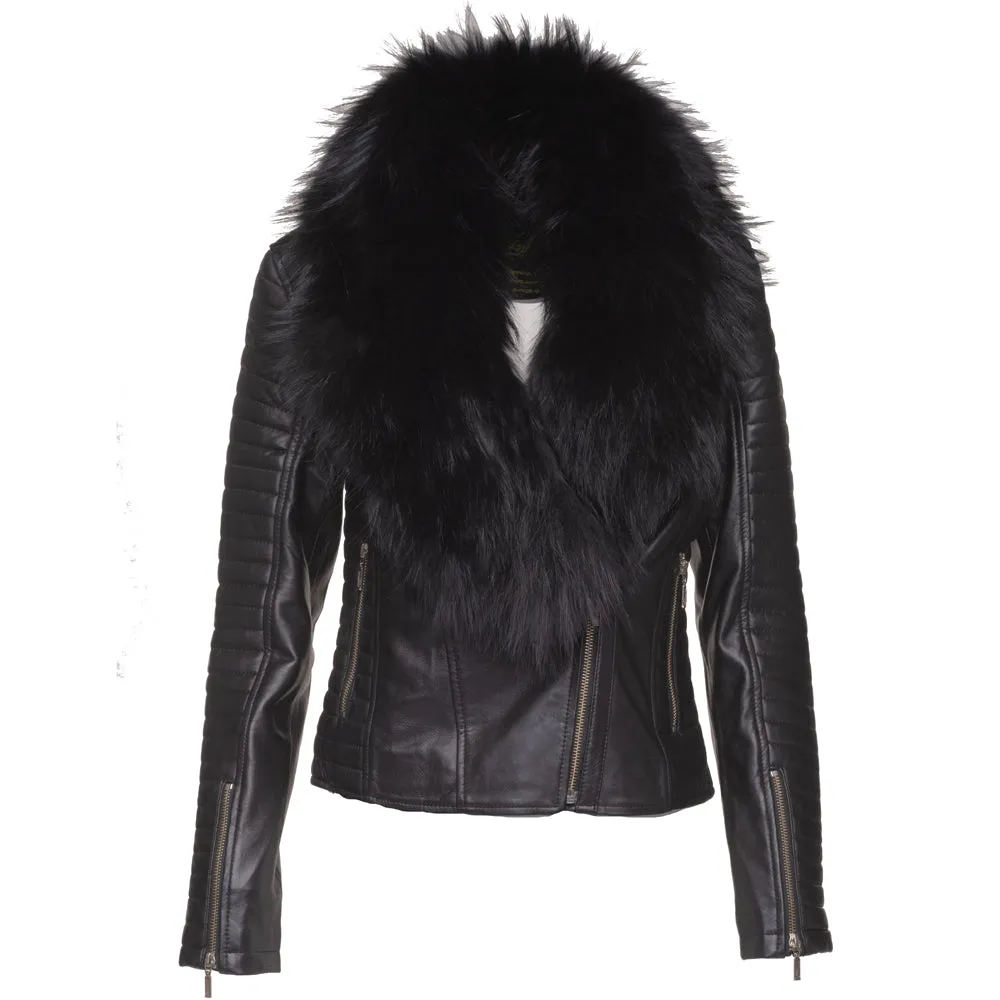 Amarah's Large Fur Shawl leather jacket with ribbed sleeve detailing