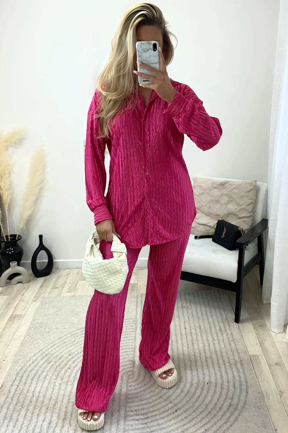 Amya Pink Textured Plisse Oversized Shirt and Trouser Co-Ord Set