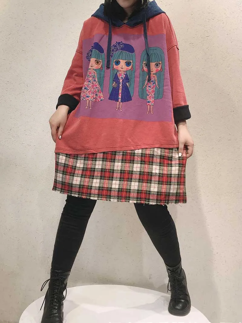 Anatomy Of Love Doll Print Hooded Midi Sweatshirt Dress