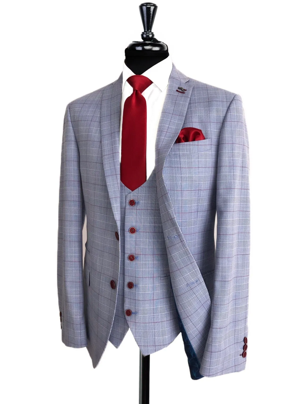 ANTIQUE ROGUE Blue/Red Check 3 Piece Suit