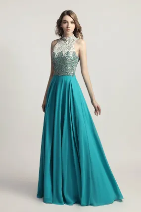 Aquamarine Chiffon Long Evening Dress Beading Top Prom Dress, LX419