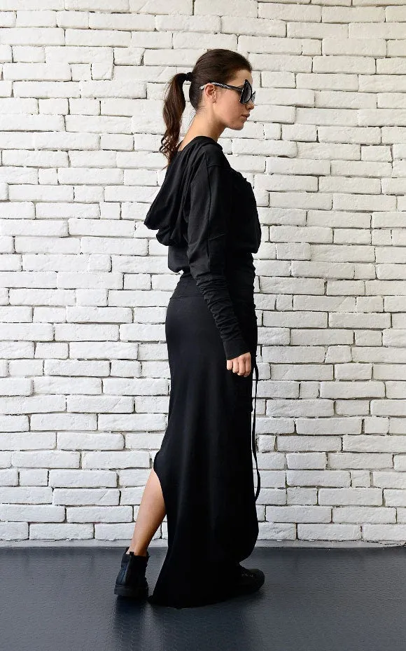 Asymmetric Hooded Long Dress In Black