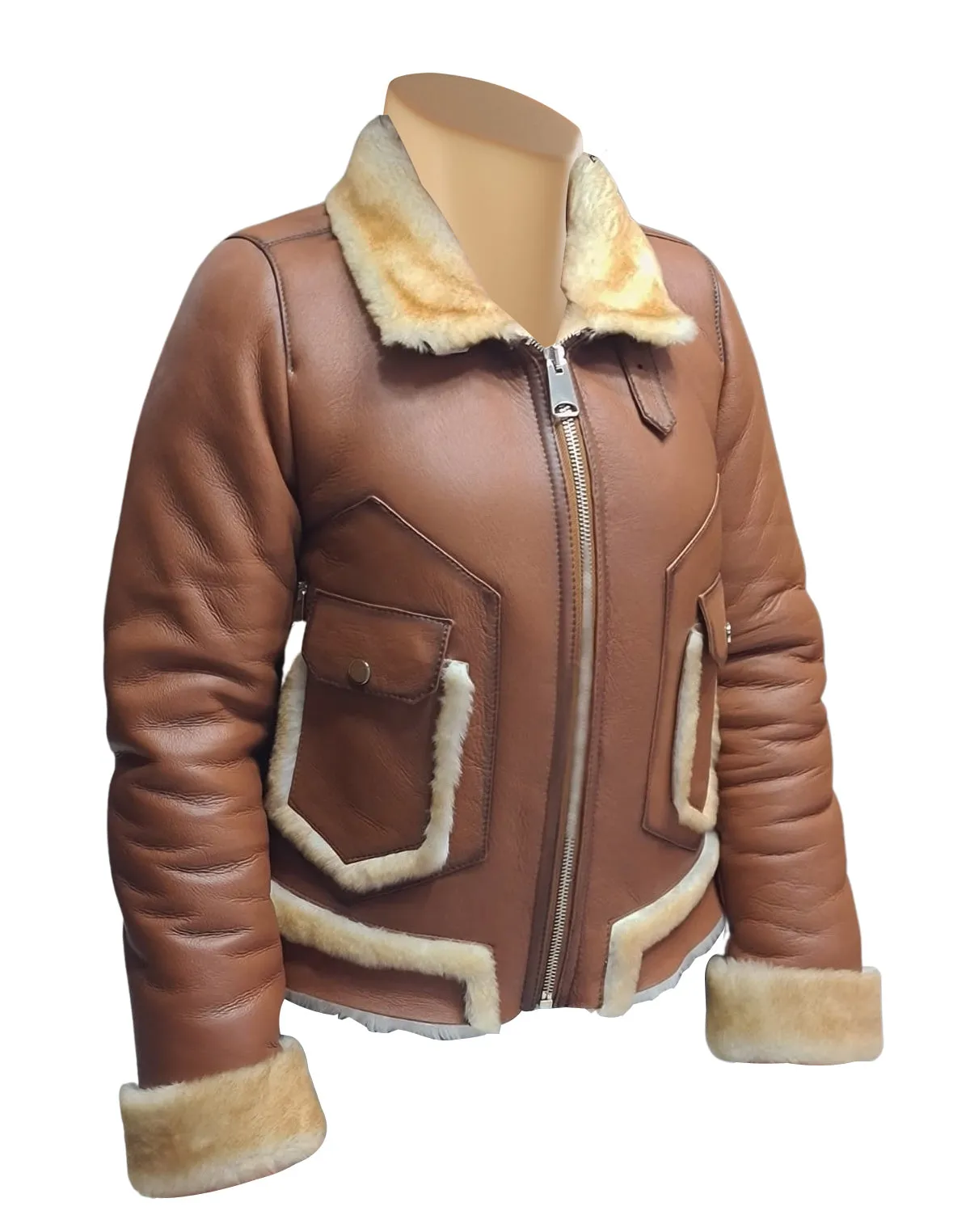 Avani's Brown Sheepskin Shearling Jacket with Cream Fur Trims