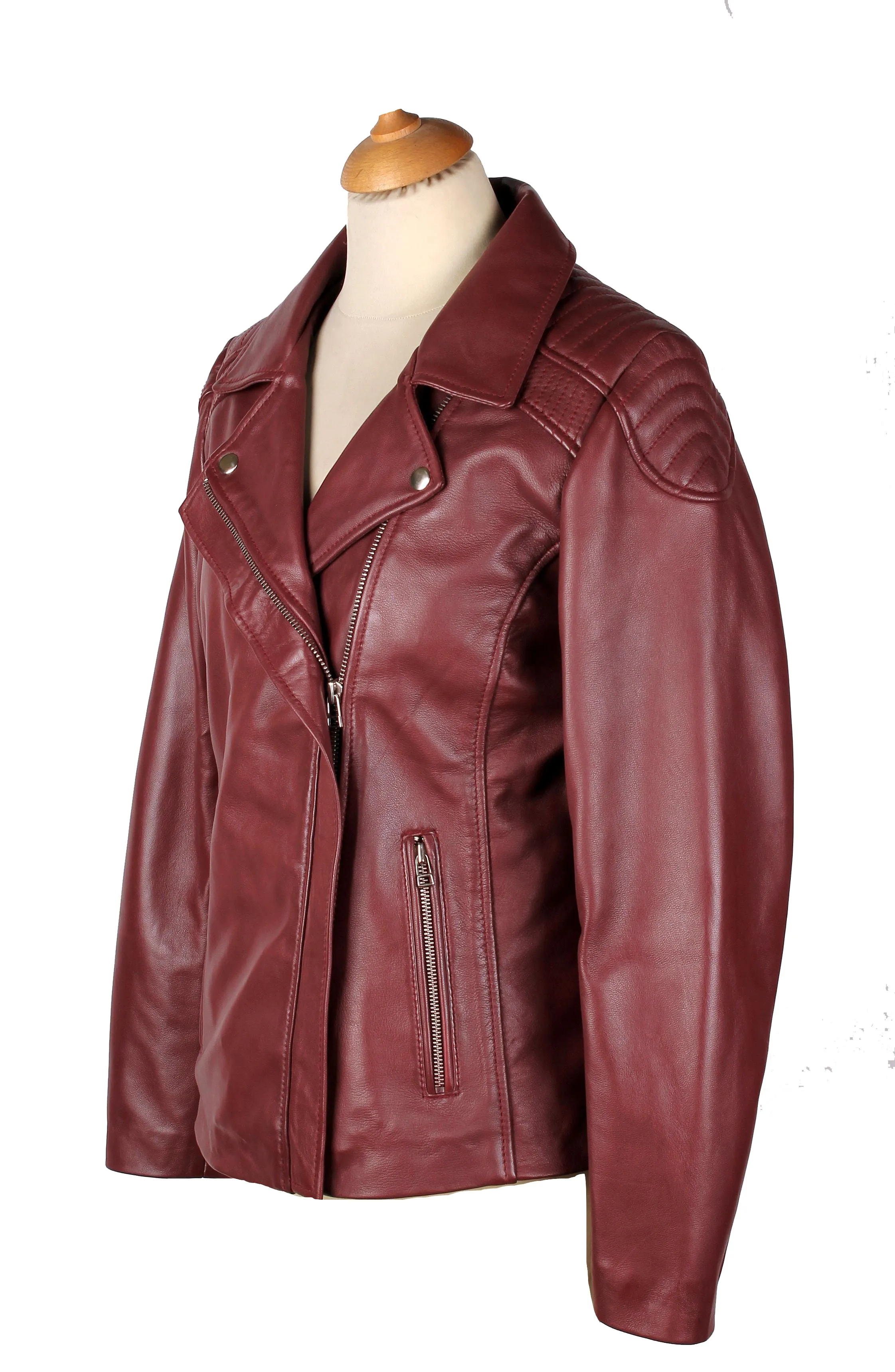 Ayla’s Women’s Burgundy Biker Style Jacket With Double Lapels