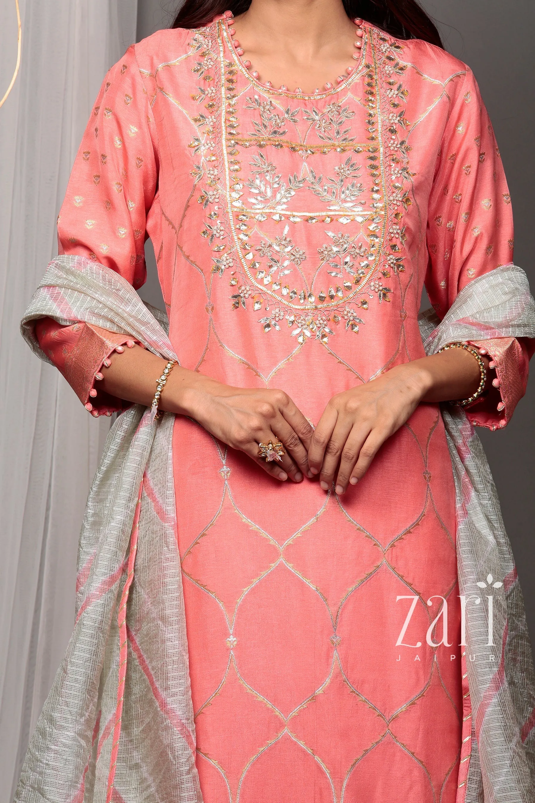 Banarasi Banarasi brocade  Suit with Gota, Gota Patti, Pearl, Sequins, Thread, Zardozi work.