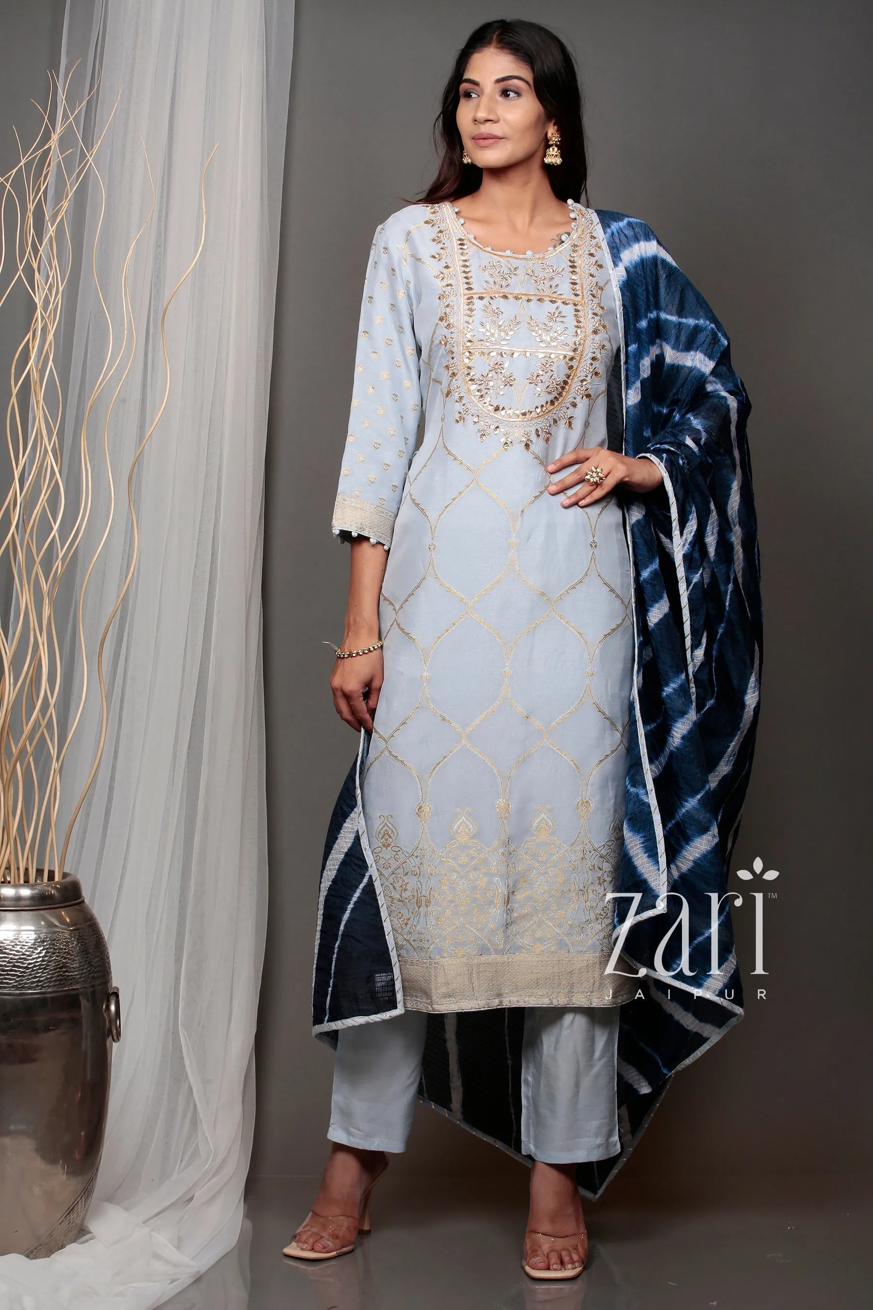 Banarasi Banarasi brocade  Suit with Gota, Gota Patti, Pearl, Sequins, Thread, Zardozi work.