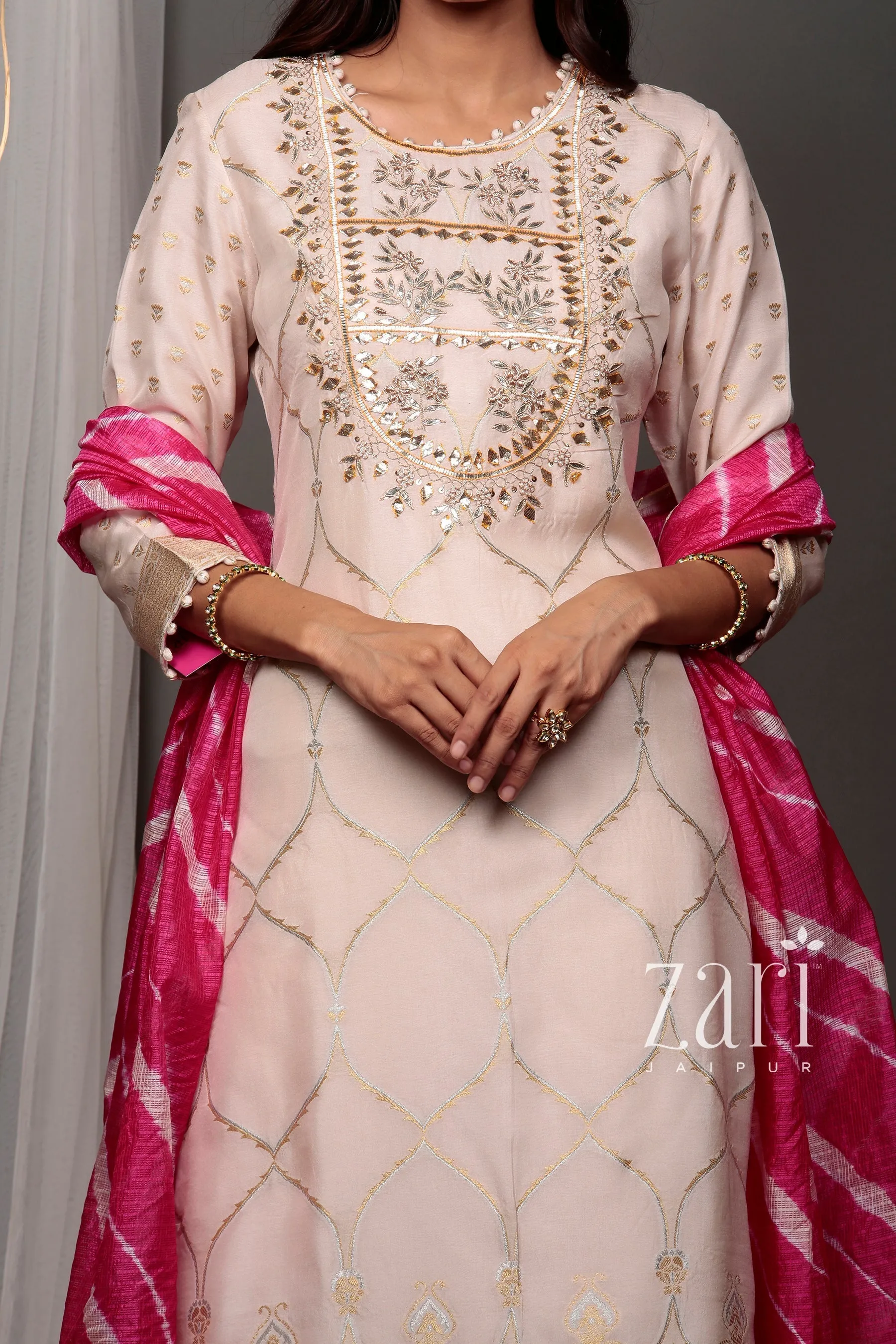 Banarasi Banarasi brocade  Suit with Gota, Gota Patti, Pearl, Sequins, Thread, Zardozi work.