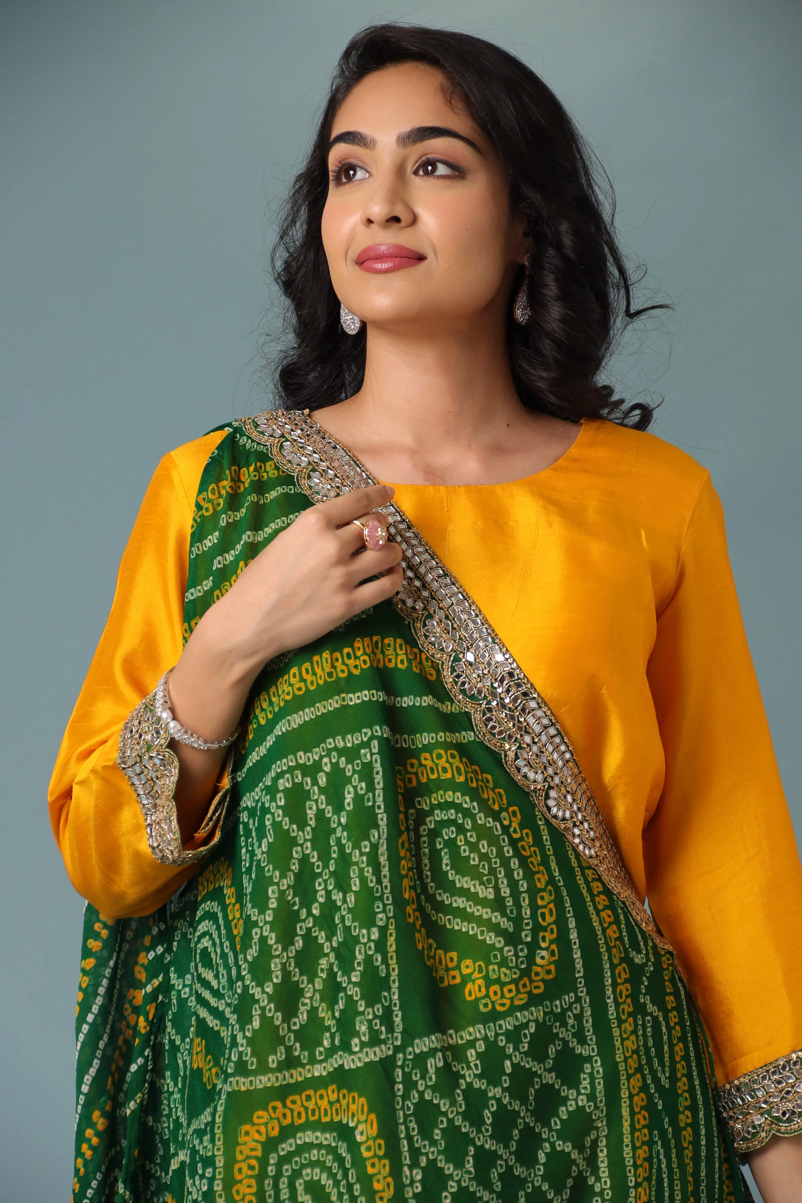 Bandhej Chanderi Indowestern Embellished with Mirror work.